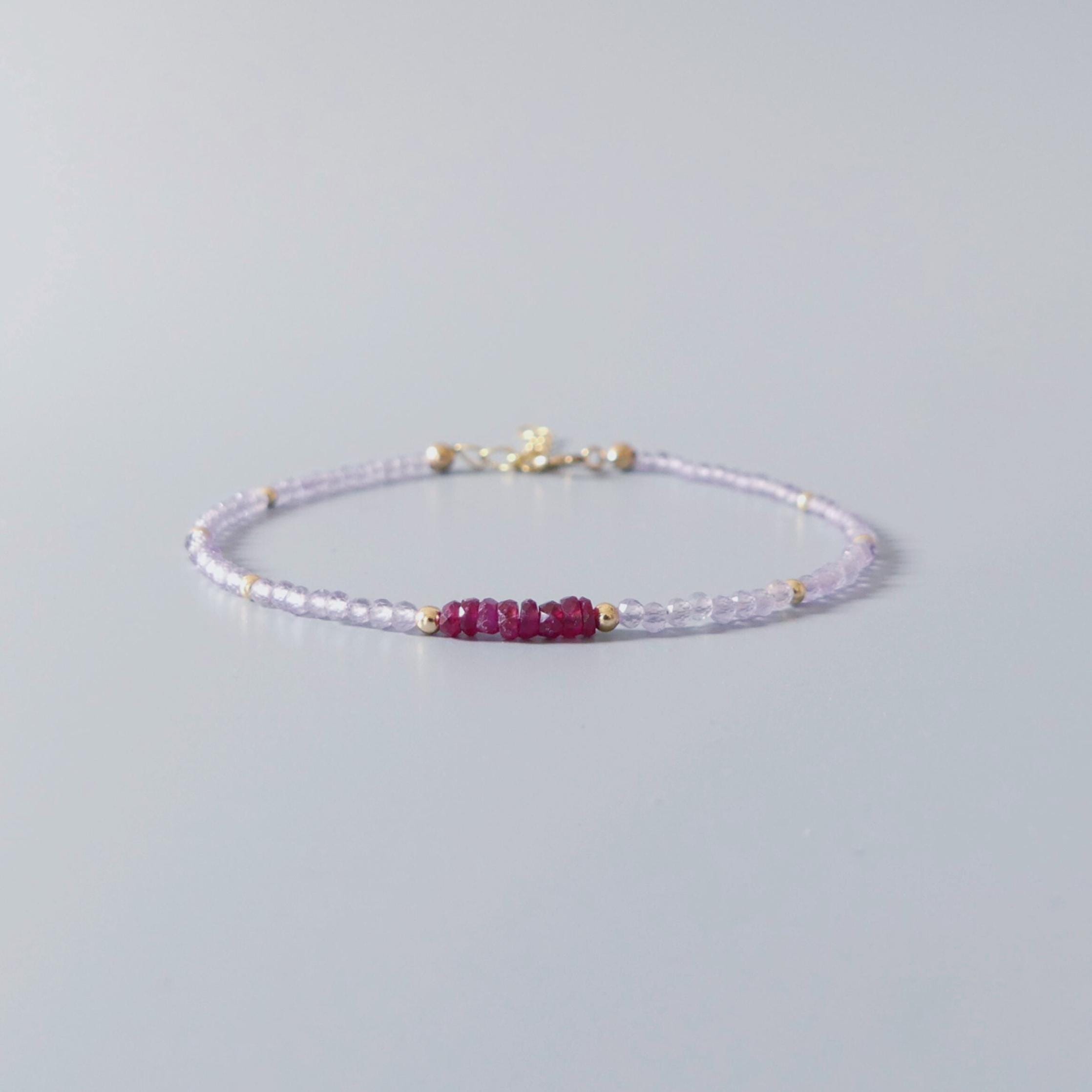 Tiny Pink Amethyst Bracelet Dainty Longido Ruby Gemstone Beaded Bracelet Crystal Jewelry Minimalist February Birthstone July Birthday Gift