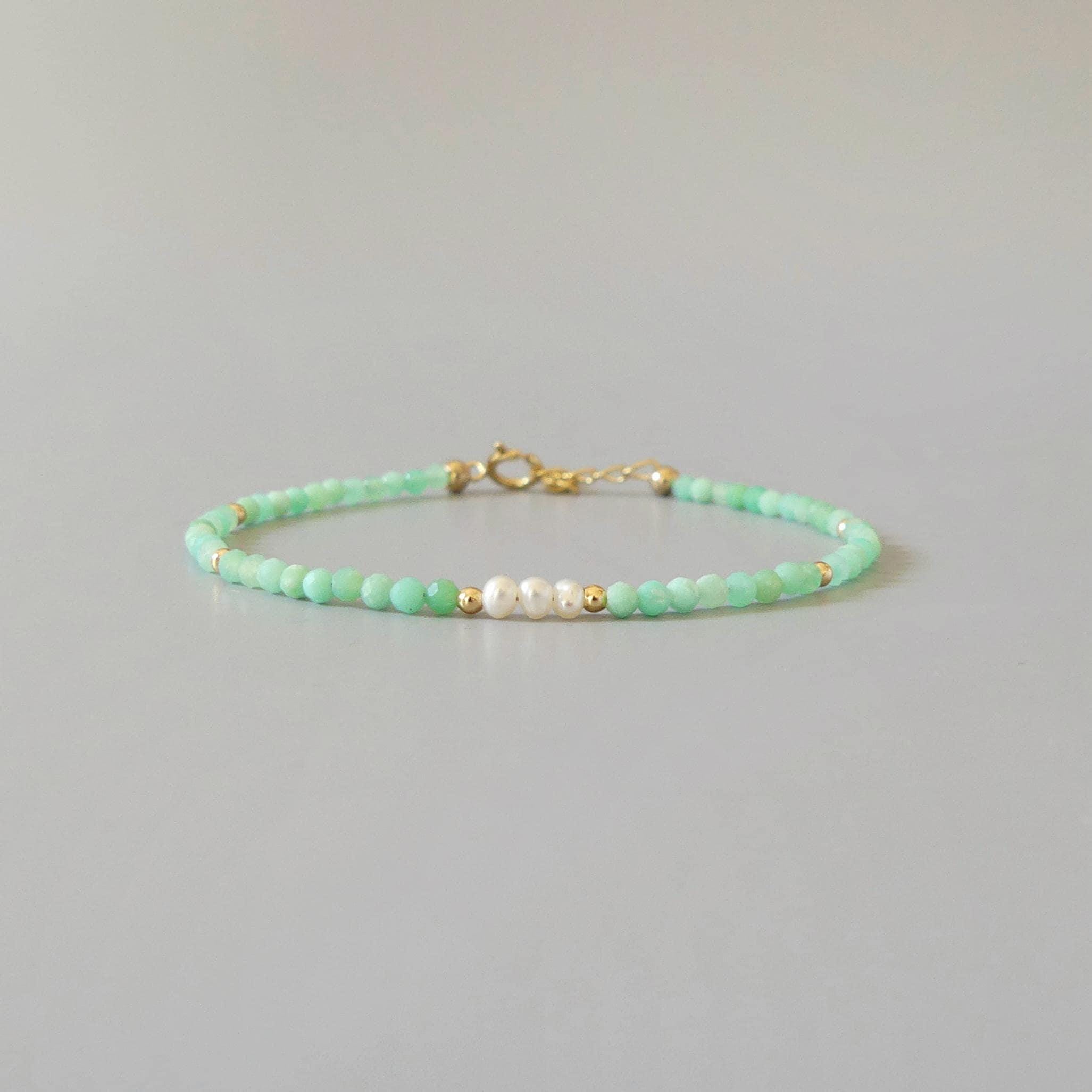 Tiny Chrysoprase and Pearls Bracelet - Dainty Pastel Gemstone Jewelry
