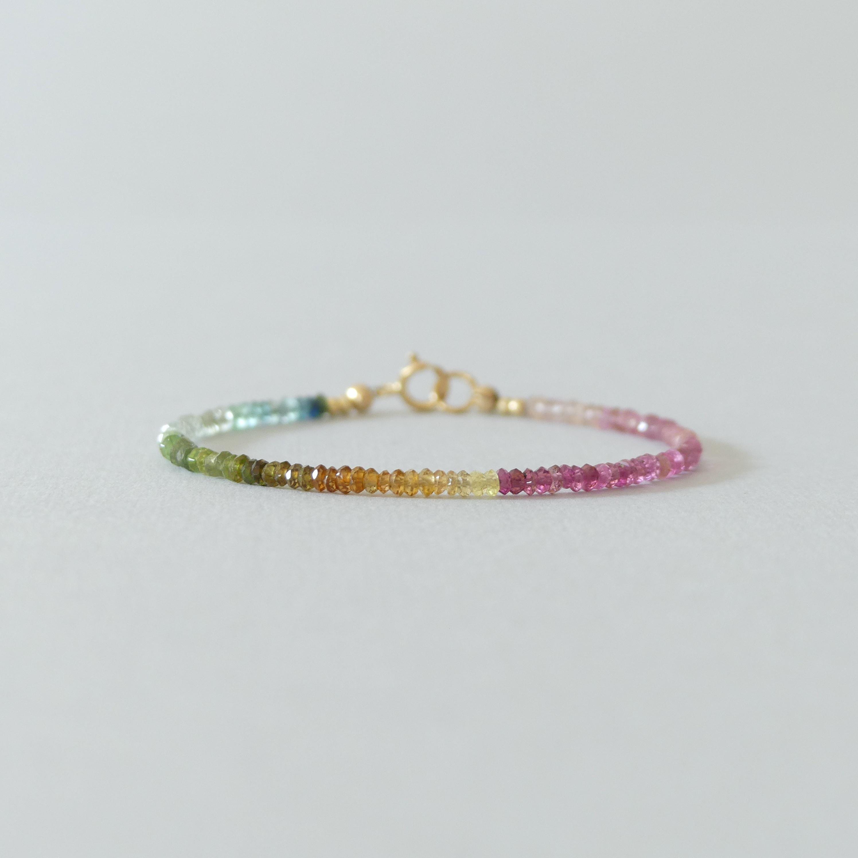 Tiny Watermelon Tourmaline Bracelet Dainty Gemstone Beaded Bracelet Colorful Crystal October Birthstone Jewelry Rainbow Birthday Gift Wife
