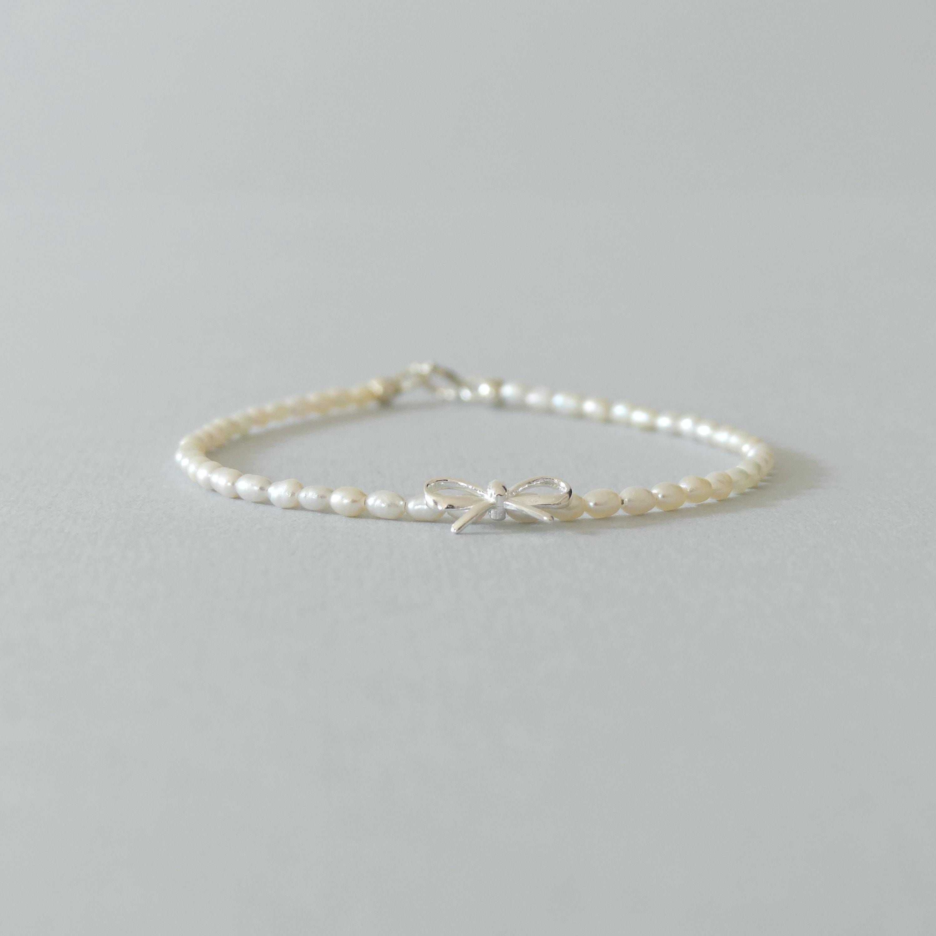 Natural Pearl Bracelet Dainty Silver Bow Charm Minimalist Jewelry Bridal Delicate Real Pearl June Birthstone Bridesmaid Gift Idea