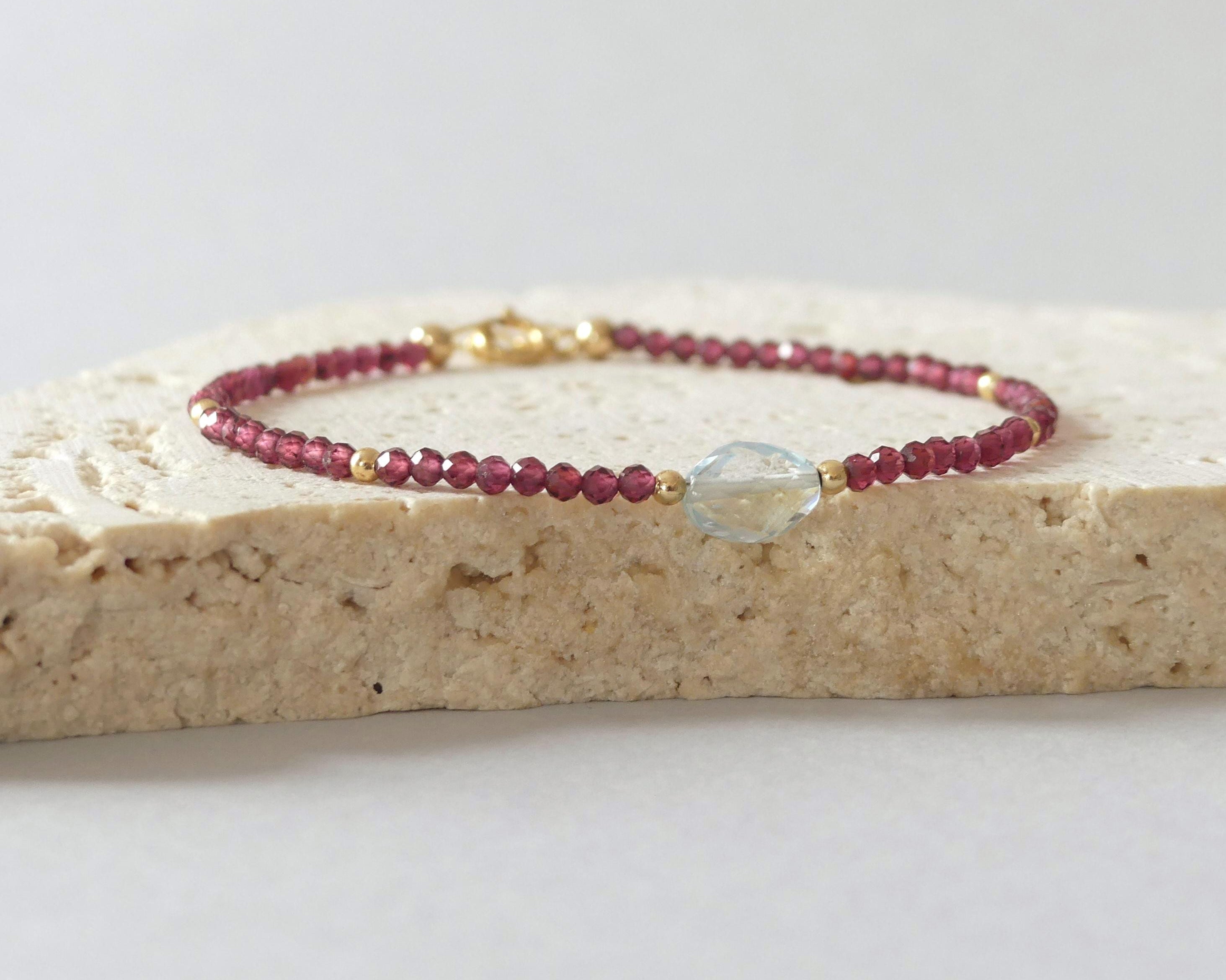 Tiny Garnet Bracelet Dainty Aquamarine Gemstone Beaded Bracelet Crystal Minimalist Jewelry January Birthstone March Birthday Gift for Women