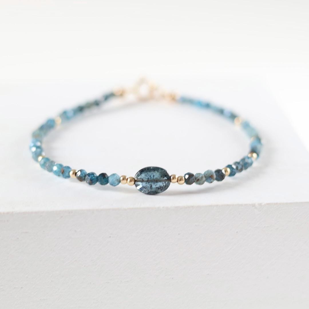 Teal Kyanite Bracelet Dainty Gold Filled Beaded Bracelet Minimalist Jewelry Everyday Thin Bracelet Birthday Gift for Women Bridesmaid Gift