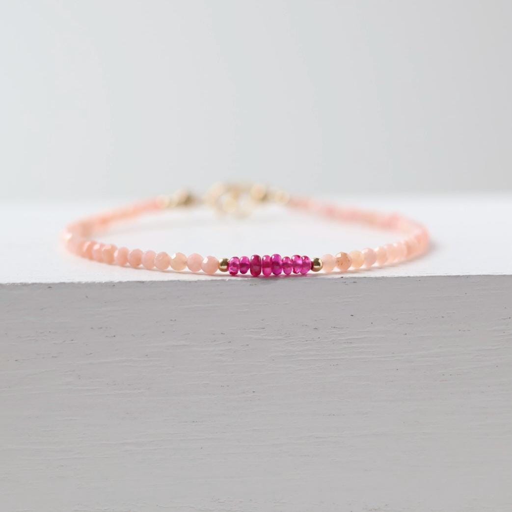 Tiny Pink Opal Bracelet Dainty Ruby Gemstone Beaded Bracelet October Birthstone Minimalist Trendy Bracelet Crystal Birthday Gift for Women