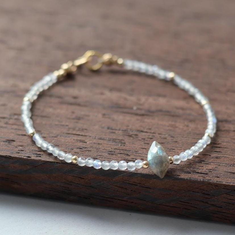 Tiny Labradorite Bracelet Dainty Gemstone Beaded Bracelet Healing Crystal Marquise Minimalist Jewelry Everyday Gift for Women Bridesmaids