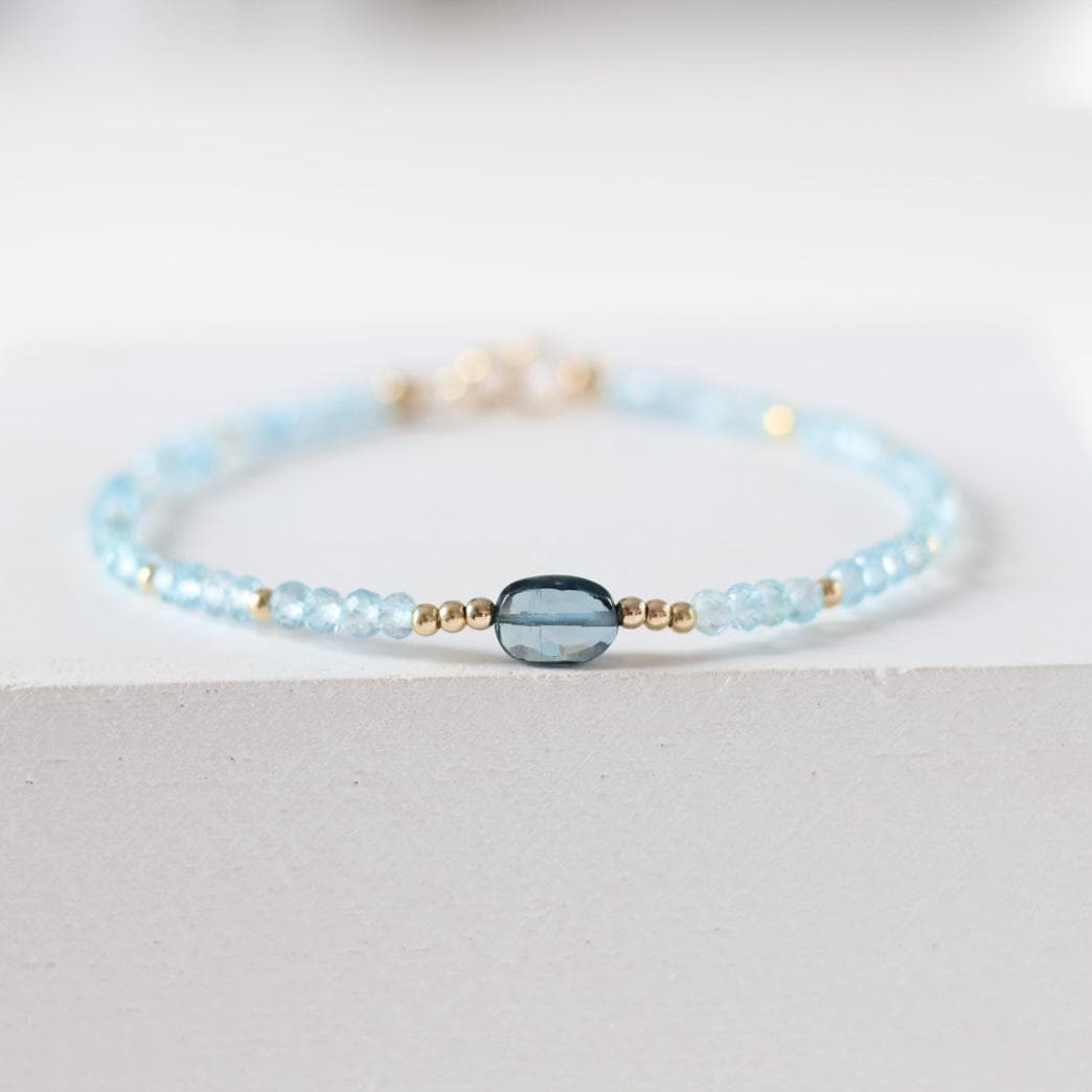 London Blue Topaz Bracelet Dainty Gemstone Beaded Jewelry Minimalist Gold Filled December Birthstone Gift Mom Wife Bridesmaid Gift Idea