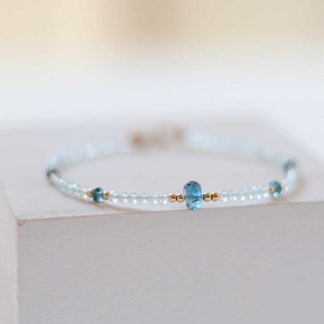 London Blue Topaz Bracelet Dainty Gemstone Beaded Jewelry Minimalist Gold Filled December Birthstone Gift Mom Wife Bridesmaid Gift Idea