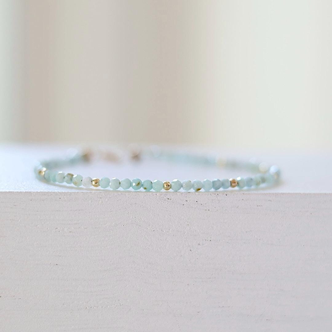 Tiny Larimar Bracelet Dainty Gemstone Beaded Bracelet Minimalist Light Blue Stacking Crystal Jewelry Birthday Gift for Wife Mom Bridesmaid