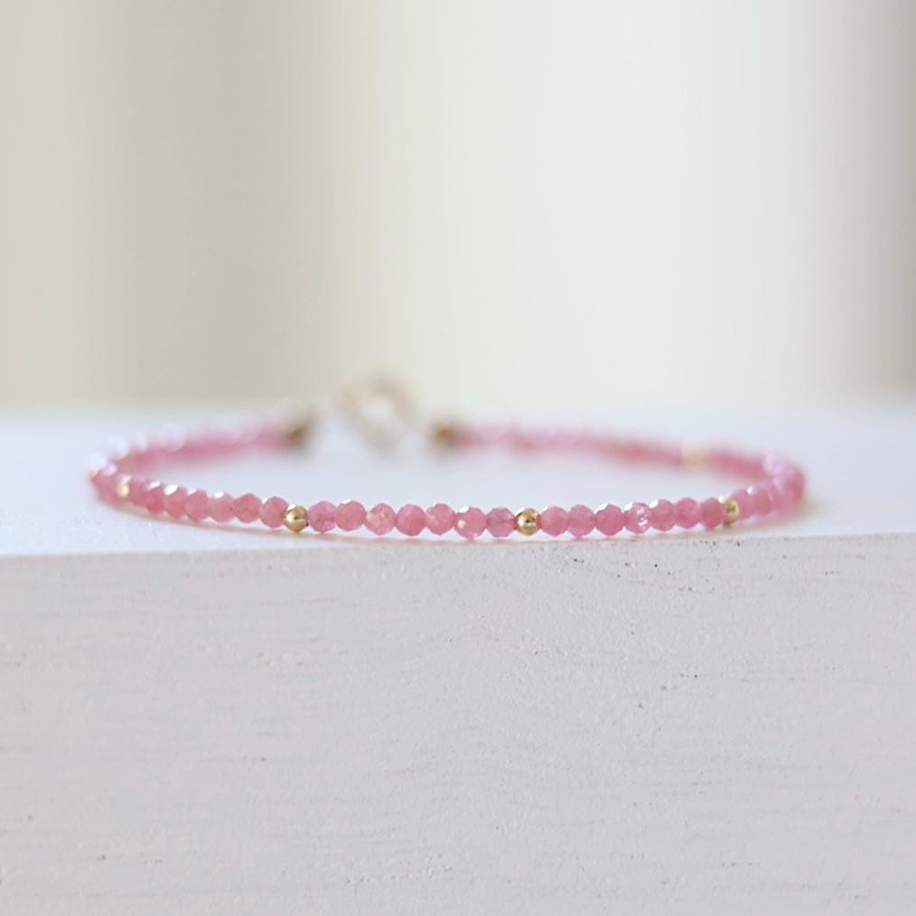 Tiny Rhodonite Bracelet Dainty Gemstone Beaded Bracelet Stacking Pink Crystal Jewelry Minimalist Birthday Gift for Women Mom Wife Daughter