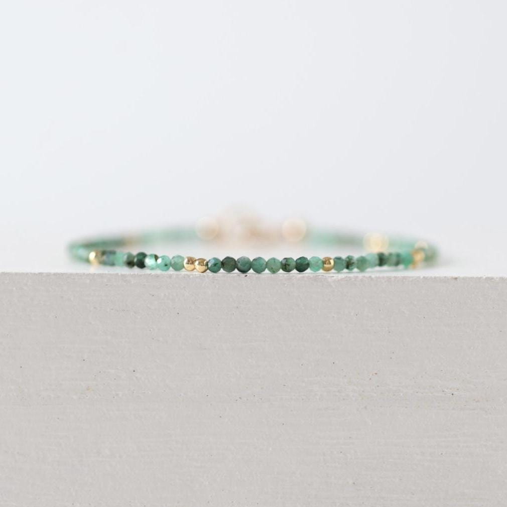 Tiny Emerald Bracelet Dainty Gemstone Beaded Jewelry Green Crystal Bracelet Minimalist May Birthstone Birthday Gift 20th Anniversary Wife