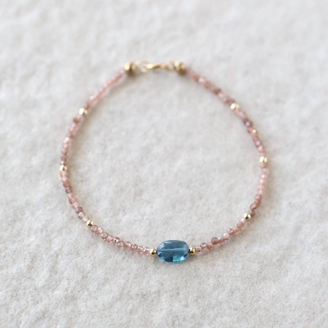 Tiny Andalusite Bracelet Dainty London Blue Topaz Gemstone Beaded Jewelry Minimalist Stacking December Birthstone Birthday Gift For Women