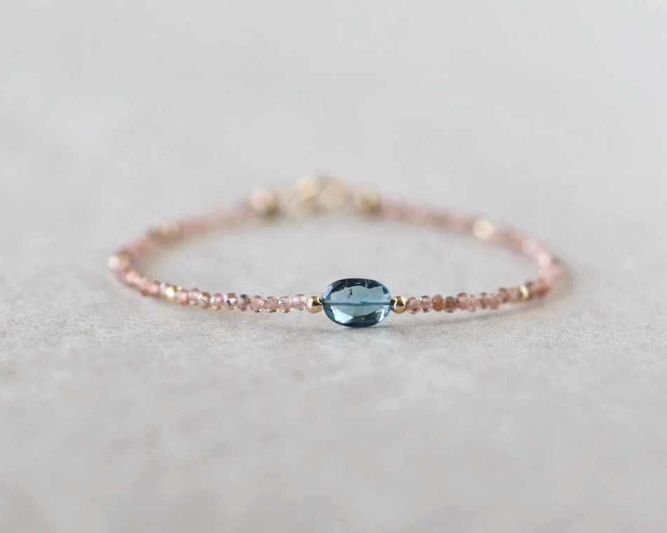 Tiny Andalusite Bracelet Dainty London Blue Topaz Gemstone Beaded Jewelry Minimalist Stacking December Birthstone Birthday Gift For Women