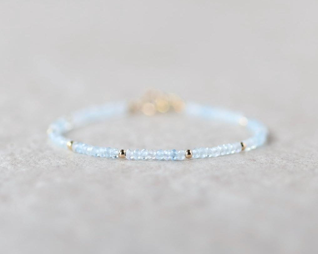 Tiny Aquamarine Bracelet Dainty Gemstone Beaded Bracelet Blue Crystal Minimalist Jewelry March Birthstone Birthday Gift for Daughter Teen
