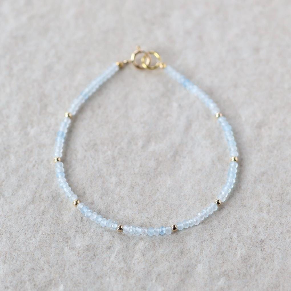 Tiny Aquamarine Bracelet Dainty Gemstone Beaded Bracelet Blue Crystal Minimalist Jewelry March Birthstone Birthday Gift for Daughter Teen