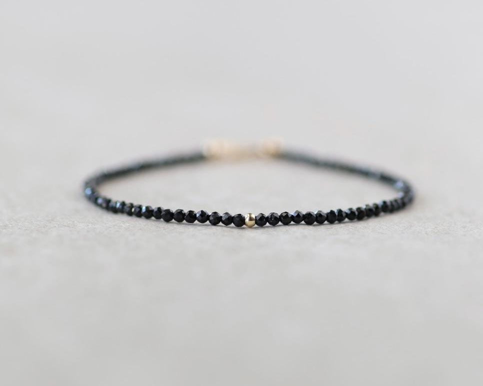 Tiny Black Tourmaline Bracelet Dainty Gemstone Beaded Bracelet Minimalist Black Crystal Jewelry October Birthstone Birthday Gift Mom Wife