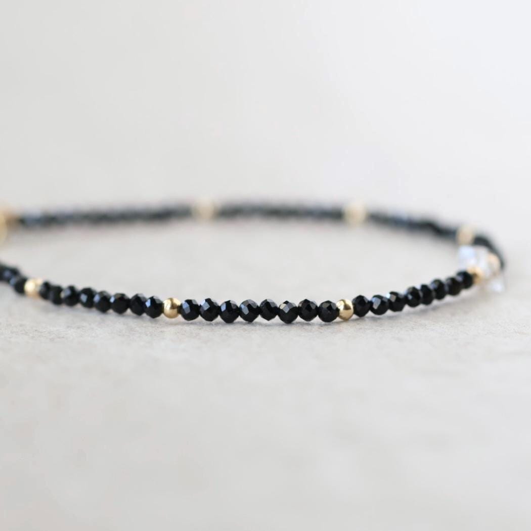 Tiny Black Tourmaline Bracelet Dainty Gemstone Beaded Bracelet Minimalist Black Crystal Jewelry October Birthstone Birthday Gift Mom Wife
