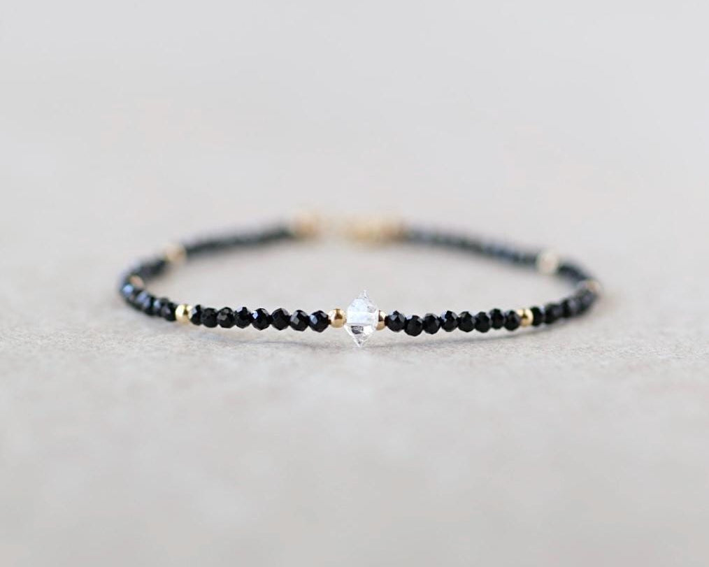 Tiny Black Tourmaline Bracelet Dainty Gemstone Beaded Bracelet Minimalist Black Crystal Jewelry October Birthstone Birthday Gift Mom Wife
