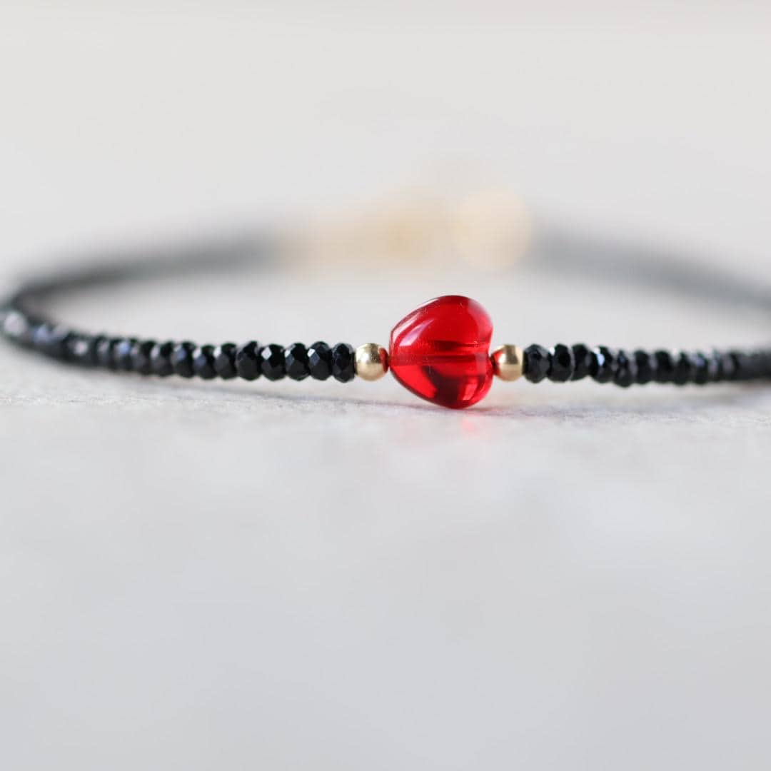 Tiny Black Tourmaline Bracelet Dainty Red Heart Beaded Minimalist Jewelry October Birthstone Valentines Gift Galentines Girlfriend Wife