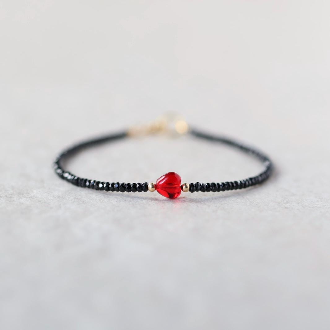 Tiny Black Tourmaline Bracelet Dainty Red Heart Beaded Minimalist Jewelry October Birthstone Valentines Gift Galentines Girlfriend Wife