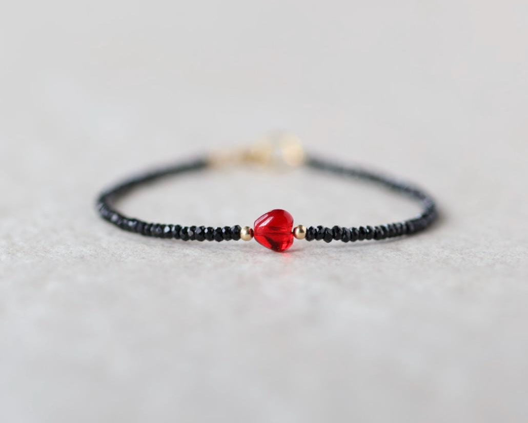 Tiny Black Tourmaline Bracelet Dainty Red Heart Beaded Minimalist Jewelry October Birthstone Valentines Gift Galentines Girlfriend Wife