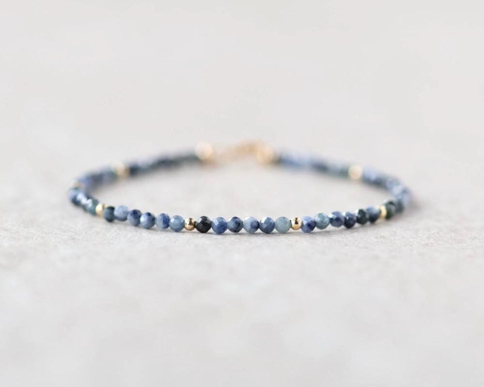 Tiny Blue Sapphire Bracelet Dainty Gemstone Beaded Bracelet Crystal Minimalist Jewelry September Birthstone Gift for Women Wife Daughter