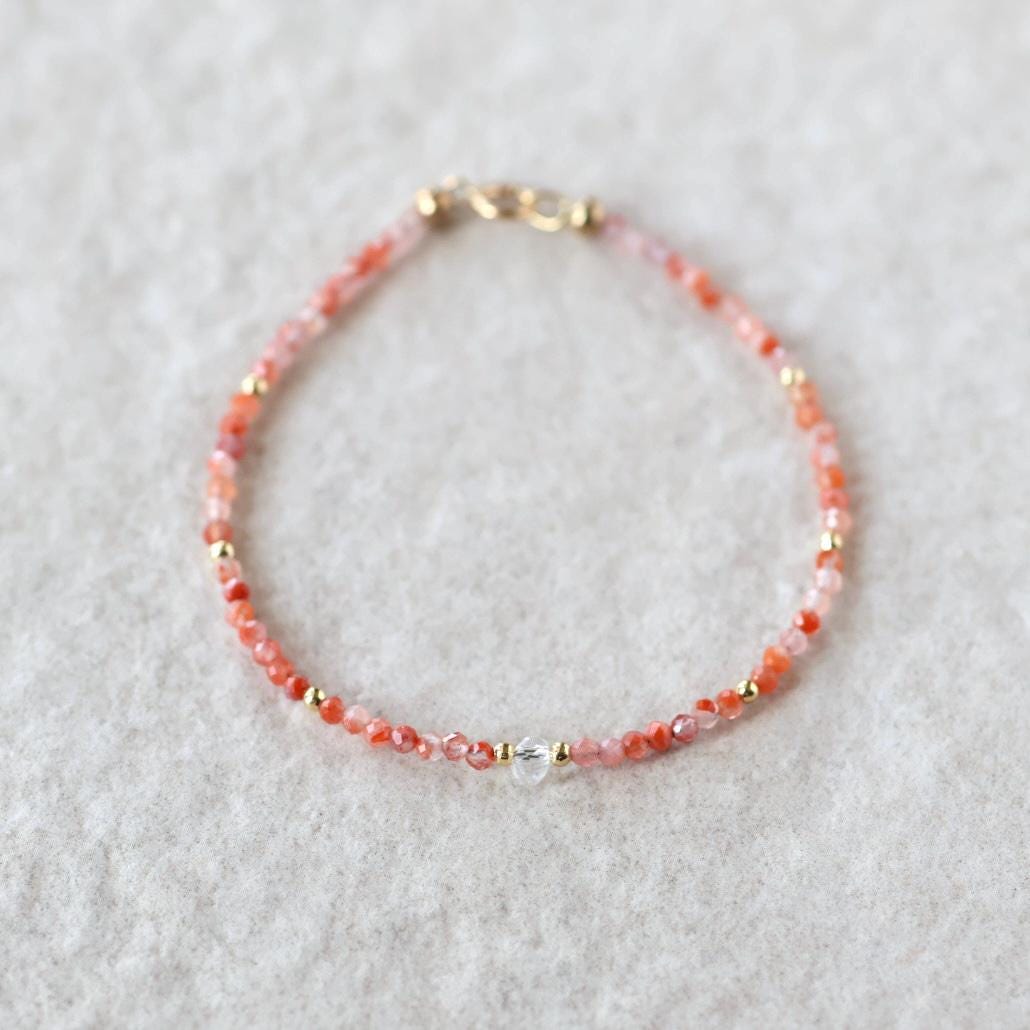 Tiny Carnelian Bracelet Dainty Gemstone Beaded Bracelet Sparkly Orange Crystal Bracelet Stackable Abundance Gift Birthday For Women Wife Mom