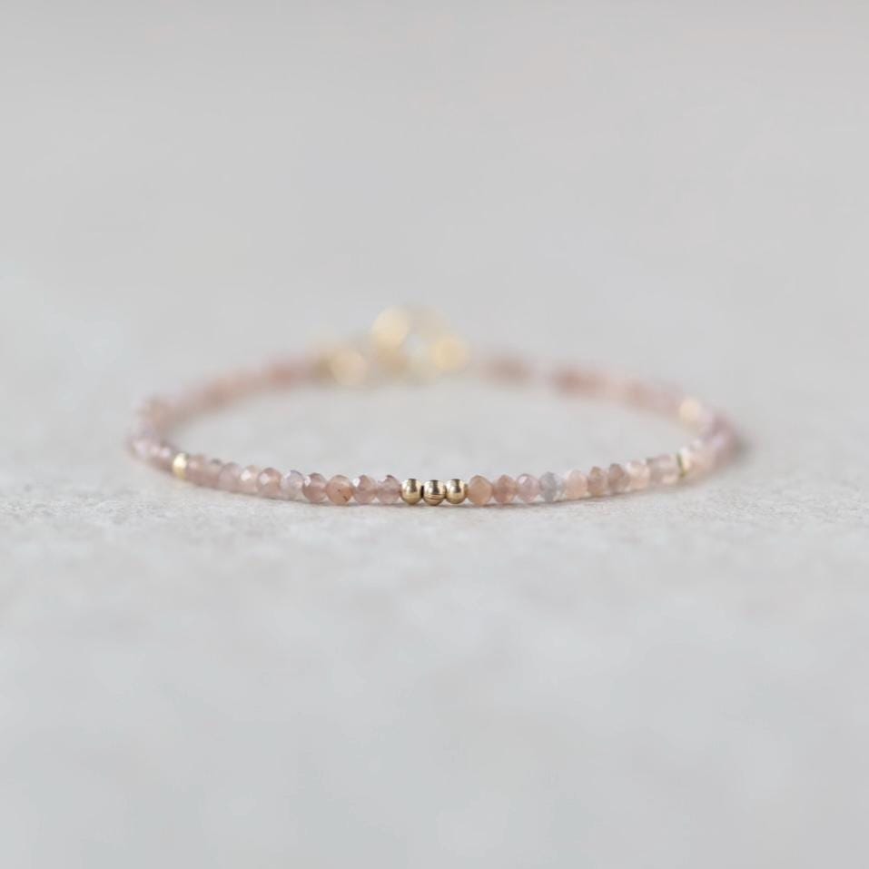 Tiny Chocolate Moonstone Bracelet Dainty Gemstone Beaded Jewelry Minimalist June Birthstone Birthday Gift for Women Mom Wife Friend Daughter