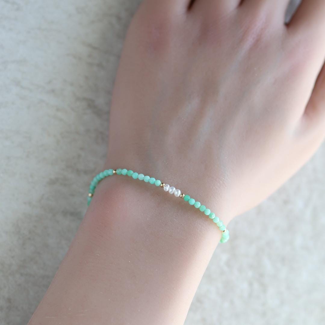 Tiny Chrysoprase Bracelet Dainty Pearl Gemstone Beaded Bracelet Stacking Minimalist Jewelry Crystal Birthday Gift for Women Wife Daughter