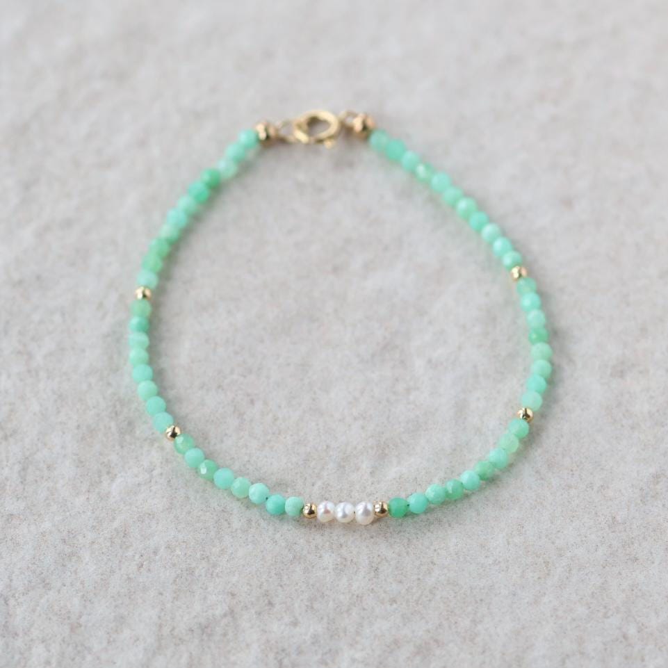 Tiny Chrysoprase Bracelet Dainty Pearl Gemstone Beaded Bracelet Stacking Minimalist Jewelry Crystal Birthday Gift for Women Wife Daughter