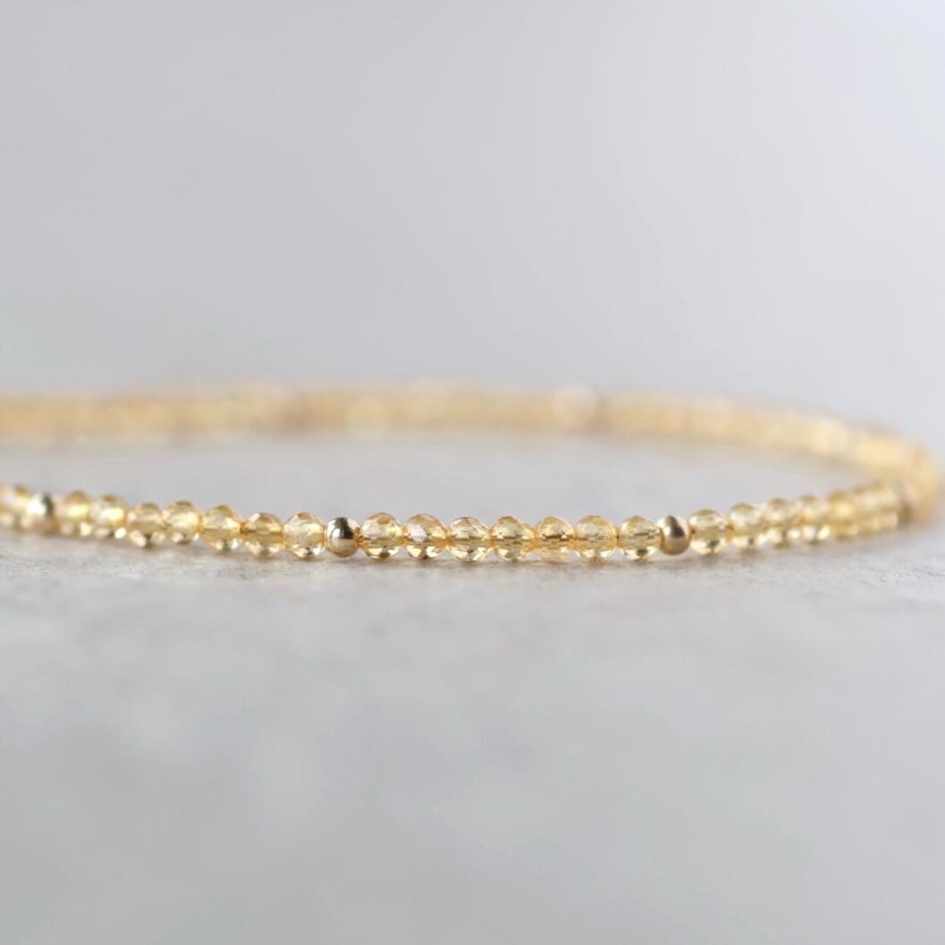 Tiny Citrine Bracelet Dainty Gemstone Beaded Bracelet Yellow Crystal Minimalist Jewelry November Birthstone Gift for Women Mom Wife Daughter