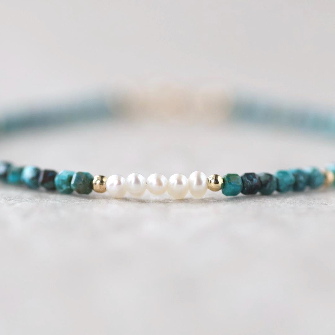 Tiny Chrysocolla Bracelet Pearl Dainty Bracelet Gemstone Beaded Jewelry Minimalist Teal Crystal Bracelet Birthday Gift Mom Wife Gift Sister