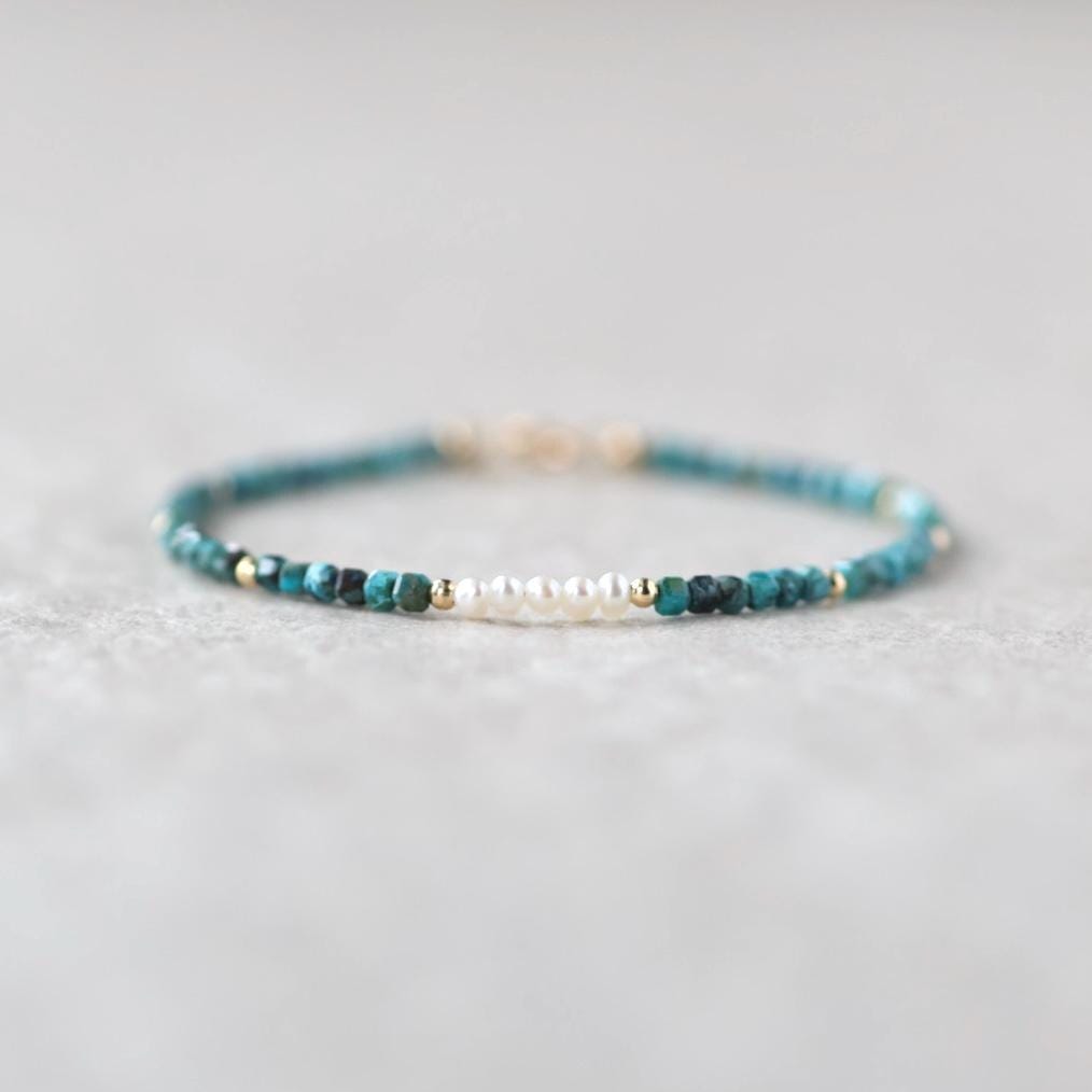 Tiny Chrysocolla Bracelet Pearl Dainty Bracelet Gemstone Beaded Jewelry Minimalist Teal Crystal Bracelet Birthday Gift Mom Wife Gift Sister