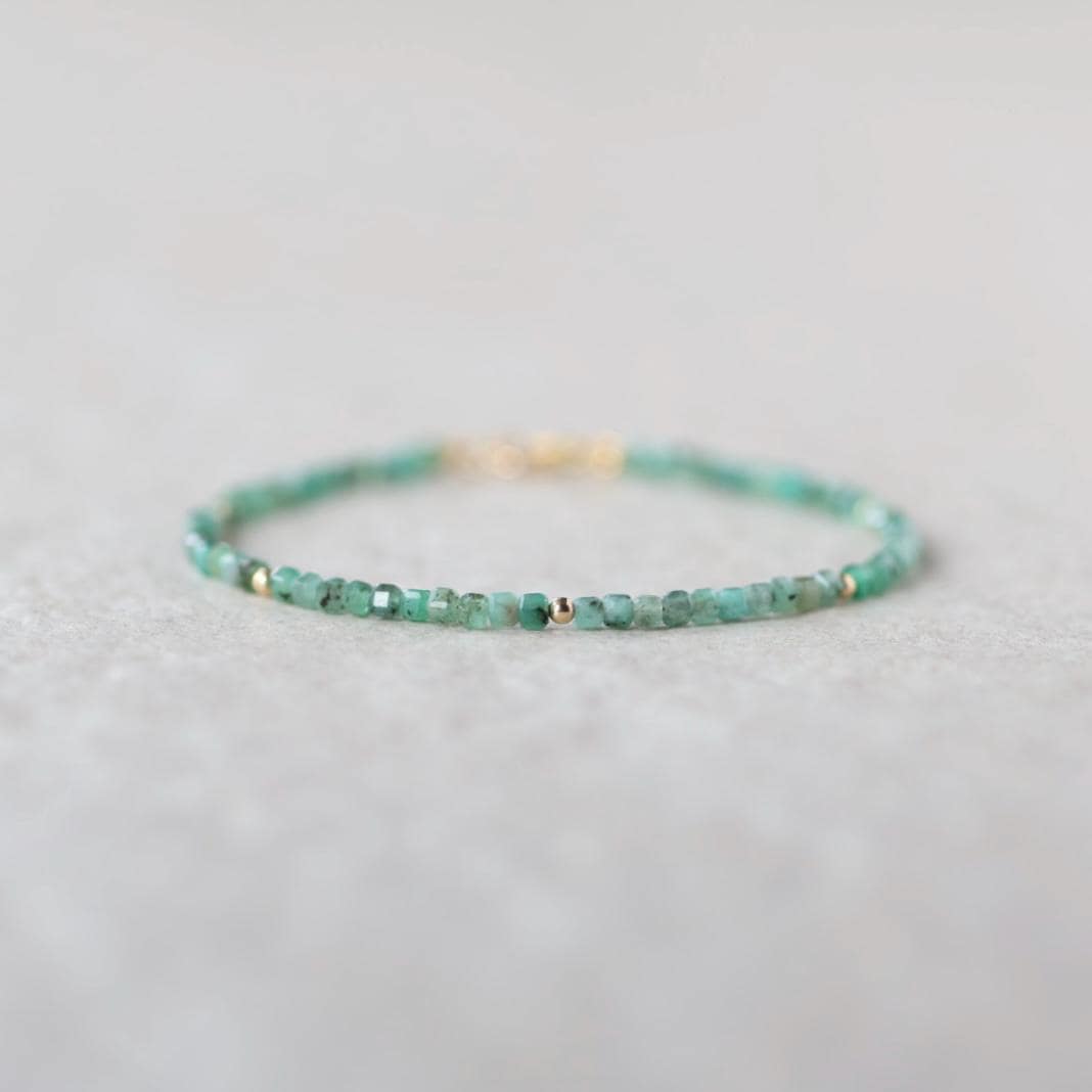 Tiny Emerald Bracelet Dainty Gemstone Cube Beaded Jewelry Green Crystal Bracelet Minimalist May Birthstone Birthday Gift 20th Anniversary