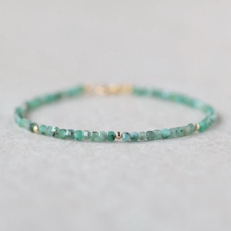 Tiny Emerald Bracelet Dainty Gemstone Cube Beaded Jewelry Green Crystal Bracelet Minimalist May Birthstone Birthday Gift 20th Anniversary