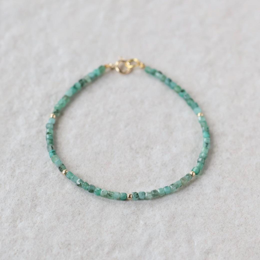 Tiny Emerald Bracelet Dainty Gemstone Cube Beaded Jewelry Green Crystal Bracelet Minimalist May Birthstone Birthday Gift 20th Anniversary