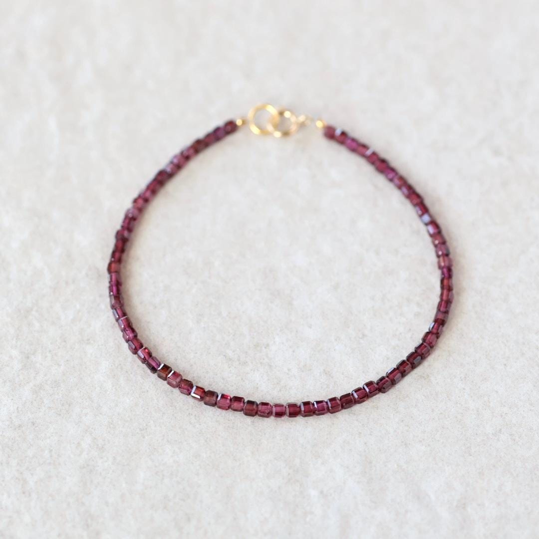 Tiny Garnet Bracelet Dainty Gemstone Beaded Bracelet Red Crystal Boho Chic Minimalist Jewelry January Birthstone Gift Birthday Mom Wife