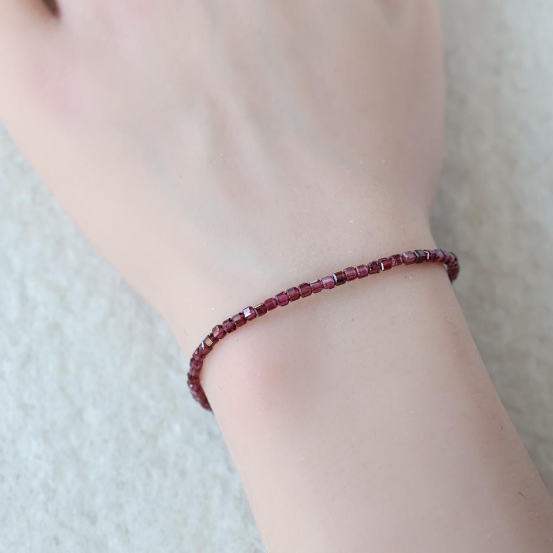 Tiny Garnet Bracelet Dainty Gemstone Beaded Bracelet Red Crystal Boho Chic Minimalist Jewelry January Birthstone Gift Birthday Mom Wife