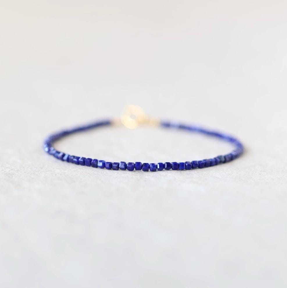 Tiny Lapis Lazuli Bracelet Dainty Gemstone Beaded Bracelet Stacking Minimalist Blue Crystal Bracelet Healing Jewelry Birthday Gift Daughter