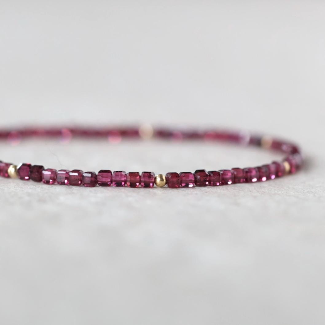 Tiny Rhodolite Bracelet Dainty Purple Garnet Bracelet Stacking Gemstone Beaded Crystal Jewelry Minimalist January Birthstone Gift Birthday