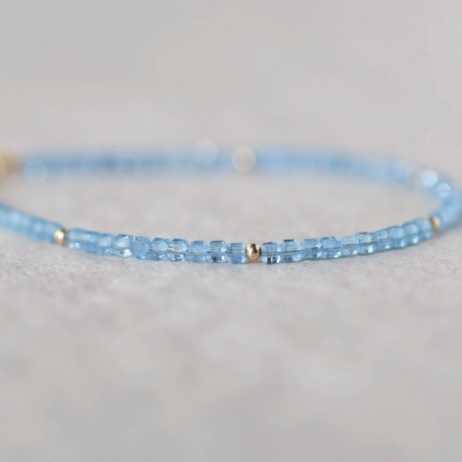 Tiny Aquamarine Bracelet Dainty Santa Maria Gemstone Beaded Bracelet Blue Crystal Jewelry Minimalist March Birthstone Birthday Gift Mom Wife