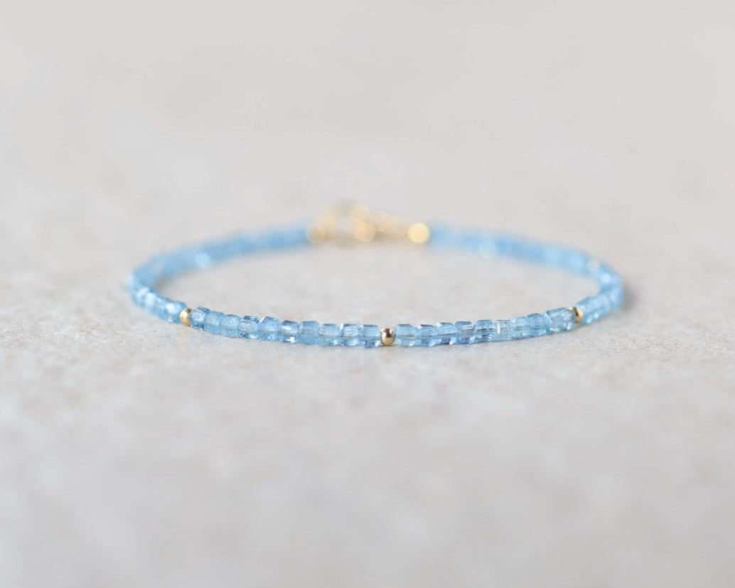 Tiny Aquamarine Bracelet Dainty Santa Maria Gemstone Beaded Bracelet Blue Crystal Jewelry Minimalist March Birthstone Birthday Gift Mom Wife