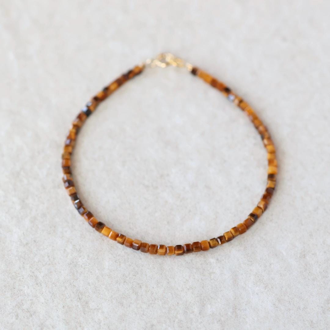 Tiny Tiger Eye Bracelet Dainty Gemstone Beaded Bracelet Healing Crystal Jewelry Minimalist Protection Mom Birthday Gift Wife Daughter Niece