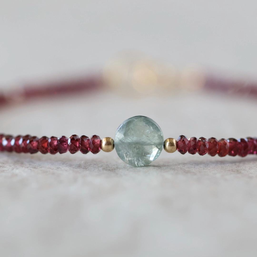 Tiny Garnet Bracelet Dainty Aquamarine Gemstone Beaded Bracelet Crystal Minimalist Jewelry January Birthstone March Birthday Gift for Women