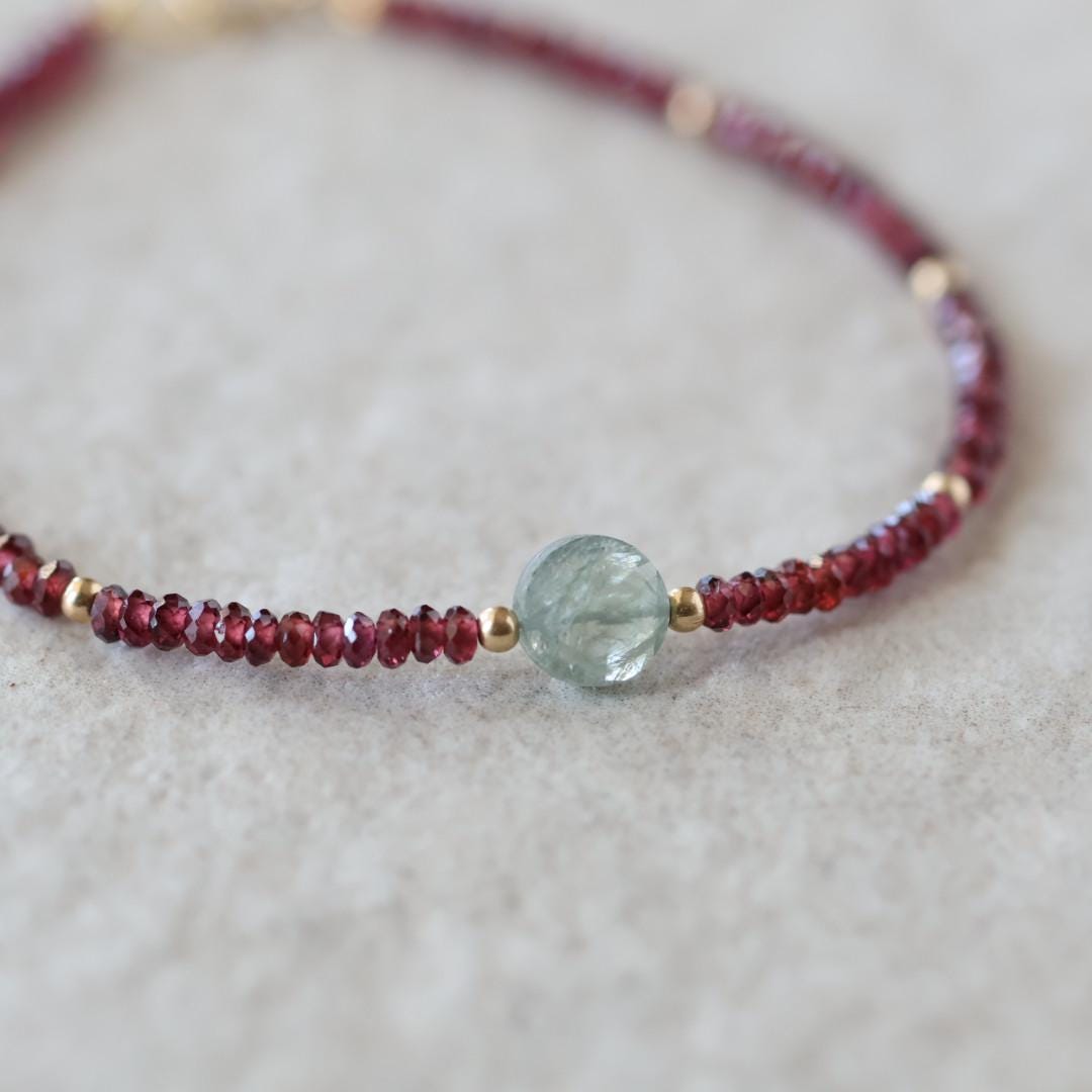 Tiny Garnet Bracelet Dainty Aquamarine Gemstone Beaded Bracelet Crystal Minimalist Jewelry January Birthstone March Birthday Gift for Women