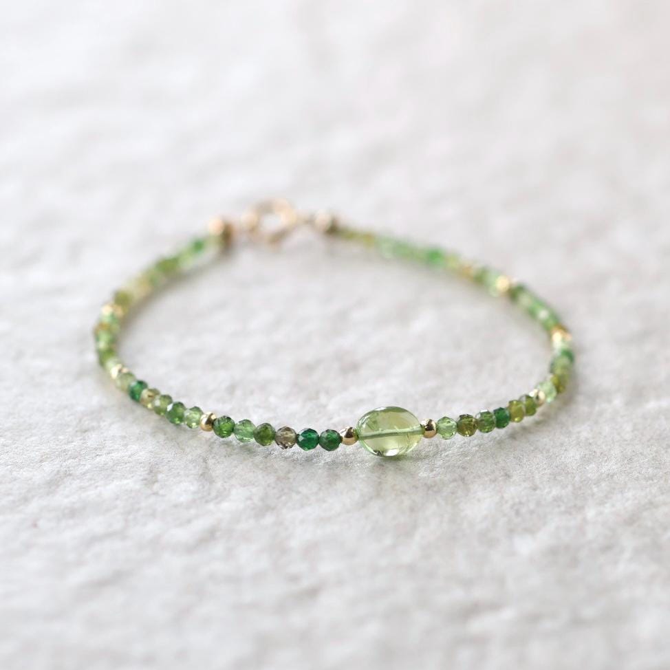 Tiny Green Tourmaline Bracelet Dainty Gemstone Beaded Bracelet Green Crystal Jewelry Minimalist Stacking October Birthstone Gift for Women