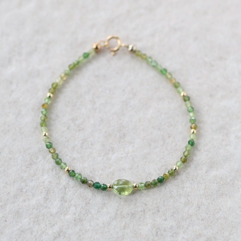 Tiny Green Tourmaline Bracelet Dainty Gemstone Beaded Bracelet Green Crystal Jewelry Minimalist Stacking October Birthstone Gift for Women