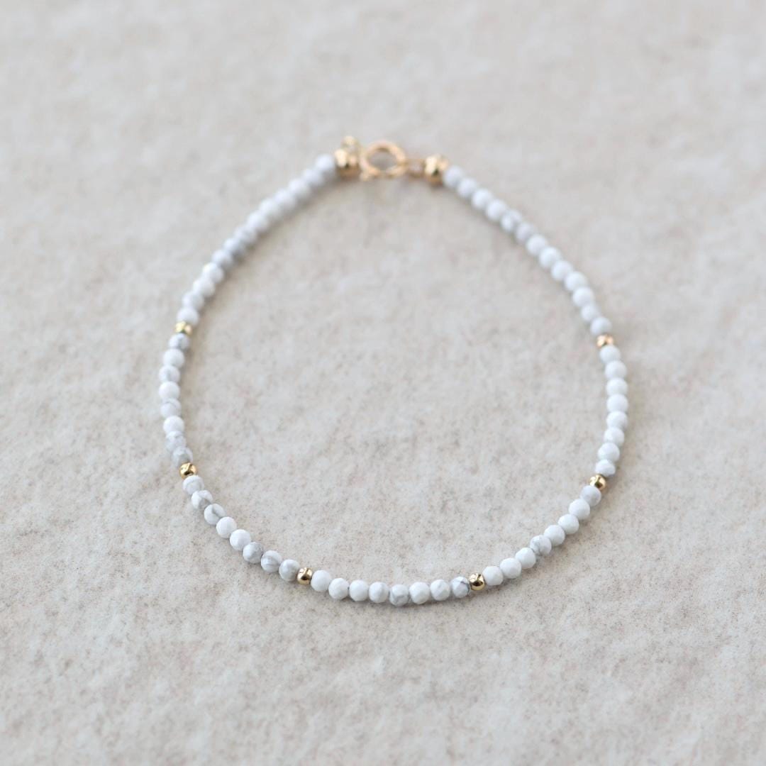 Tiny Howlite Bracelet Dainty White Turquoise Jewelry Minimalist Gemstone Beaded Bracelet Crystal Birthday Gift for Women Mom Wife