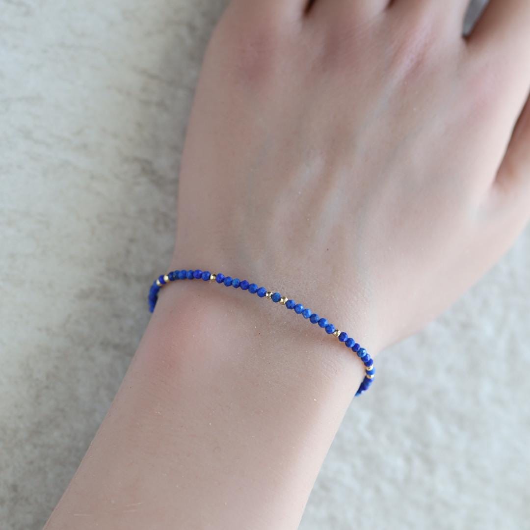 Tiny Lapis Lazuli Bracelet Dainty Gemstone Beaded Bracelet Stacking Minimalist Blue Crystal Bracelet Healing Jewelry Birthday Gift Daughter