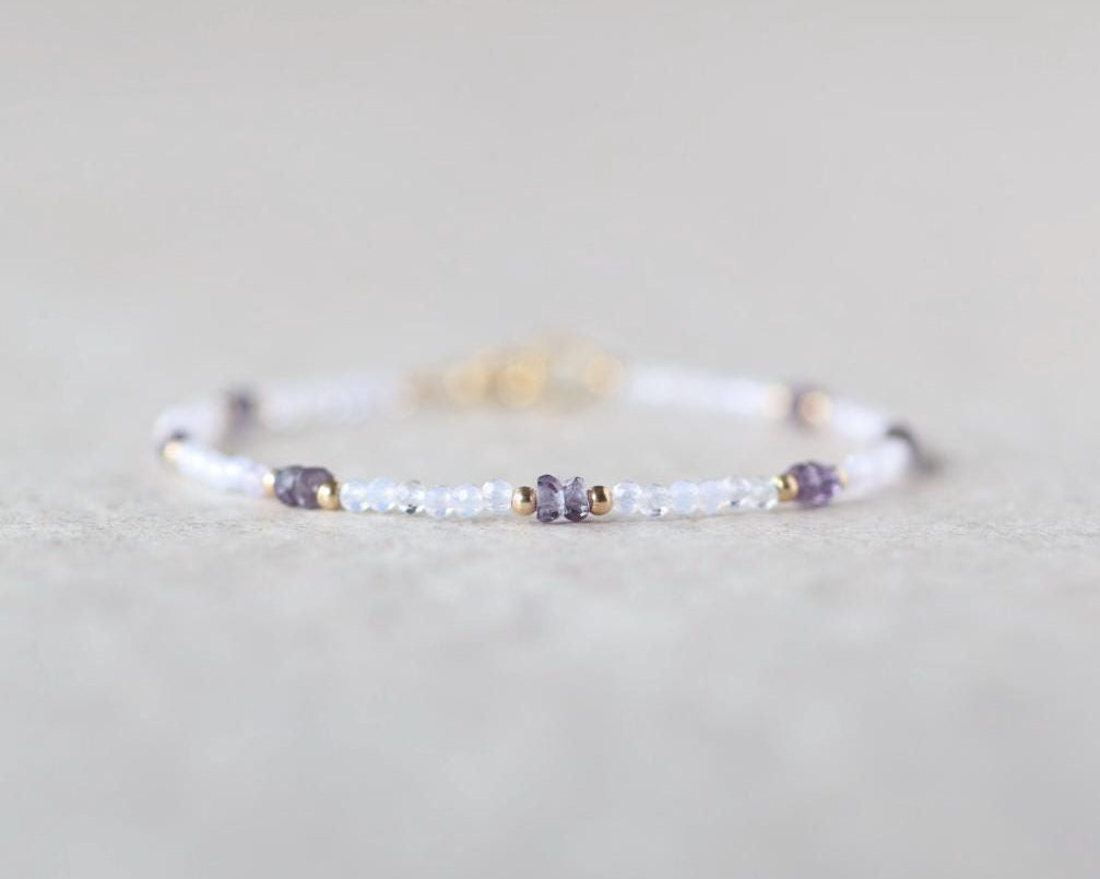 Tiny Alexandrite Bracelet Dainty Purple Opal Gemstone Beaded Jewelry Minimalist Stacking Bracelet Skinny June Birthstone Gift Bridesmaid Mom