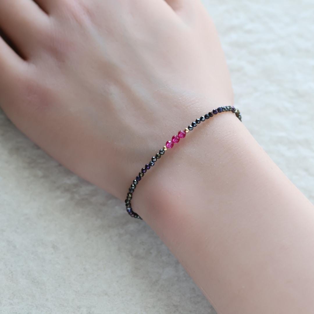 Tiny Ruby Bracelet Black Spinel Dainty Gold Filled Bead Bracelet Minimalist July Birthstone Bracelet Stacking Birthday Gift 40th Anniversary