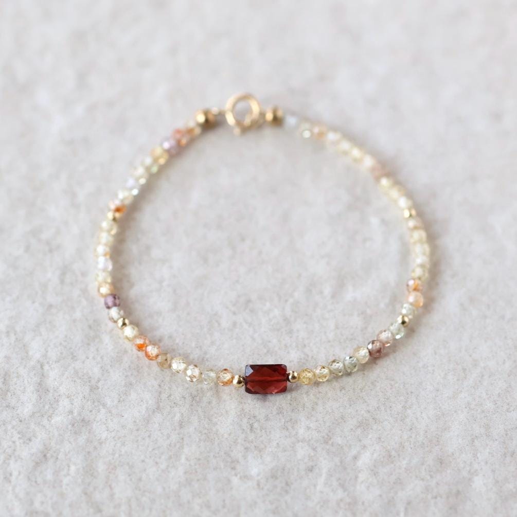 Tiny Zircon Bracelet Dainty Garnet Gemstone Beaded Bracelet Sparkly Crystal Jewelry Minimalist January Birthstone Birthday Gift for Women